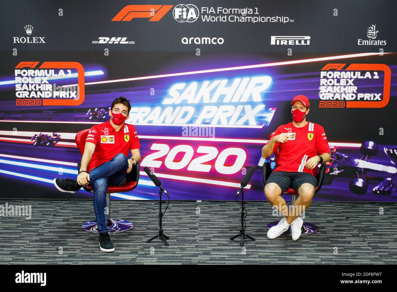 Sakhir Bahrain 3rd Dec Leclerc Charles Mco Scuderia Ferrari Sf1000 Vettel Sebastian Ger Scuderia Ferrari Sf1000 Portrait Press Conference During The Formula 1 Rolex Sakhir Grand Prix From December 4