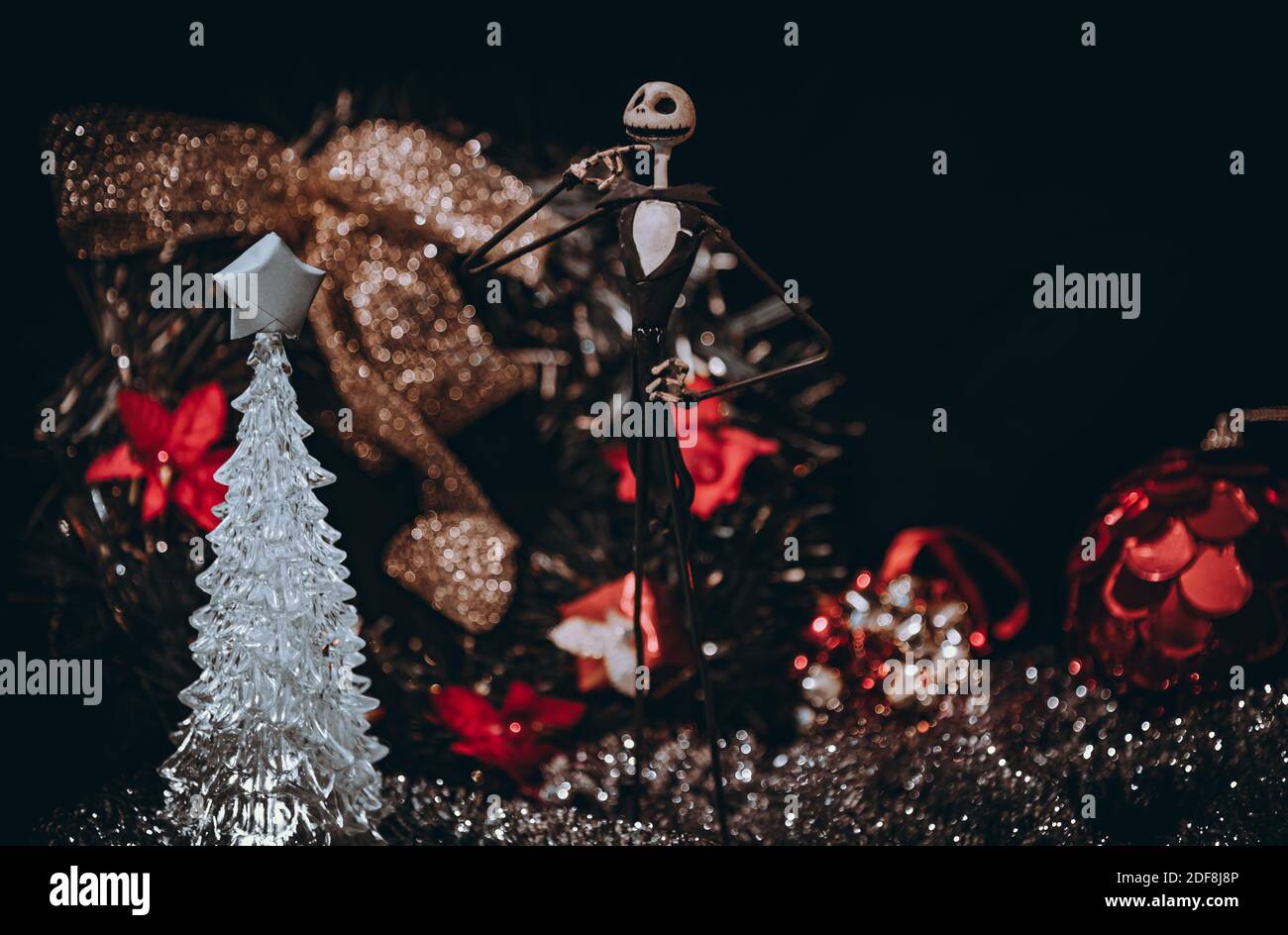 Charming Jack Skellington from Night Before Christmas surrounded by festive adornments Stock Photo