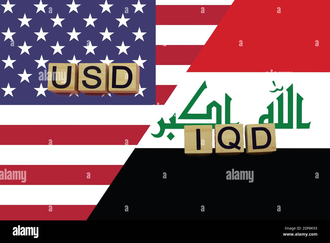 USA and Iraq currencies codes on national flags background ...