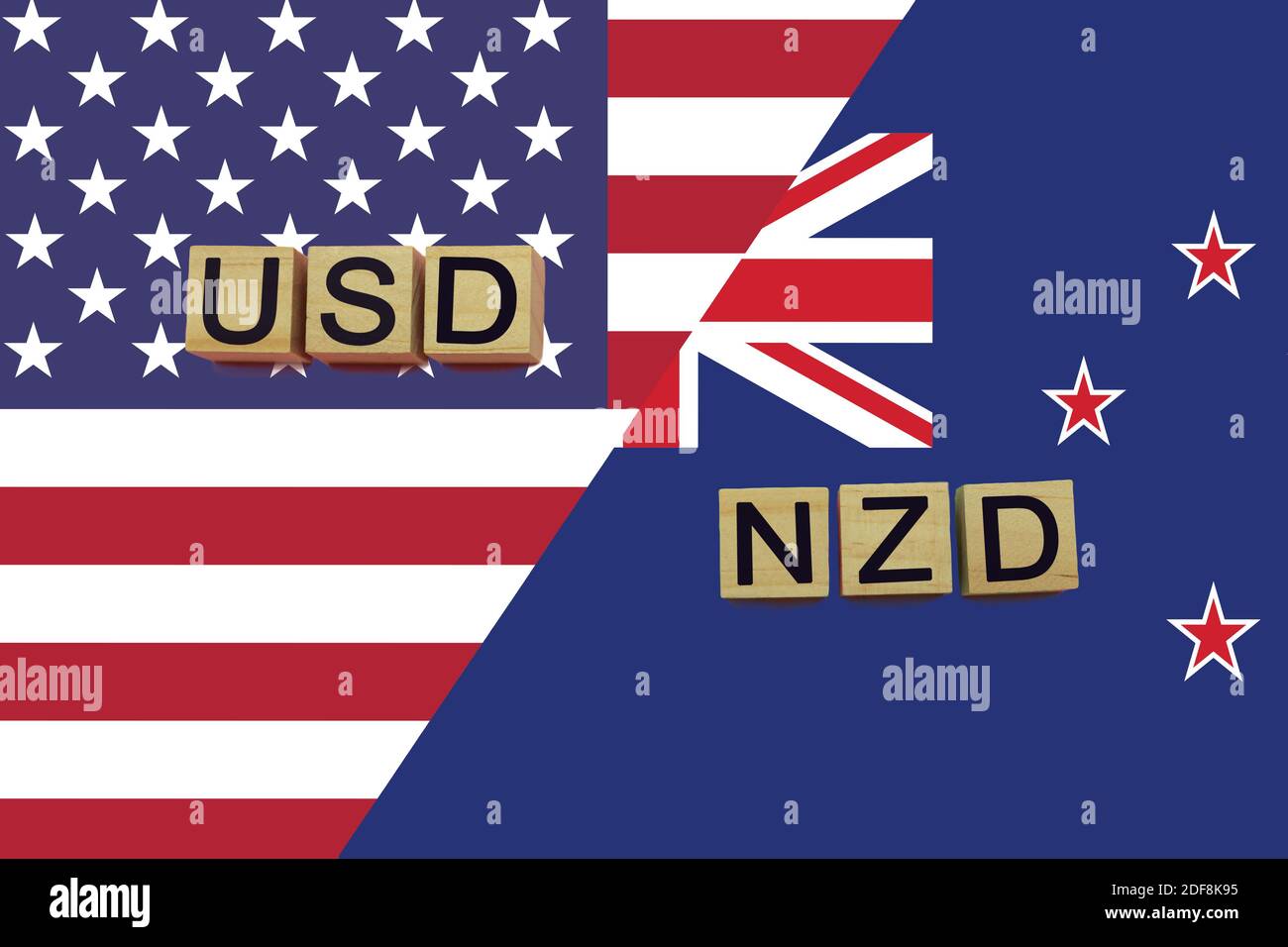 USA and New Zealand currencies codes on national flags background