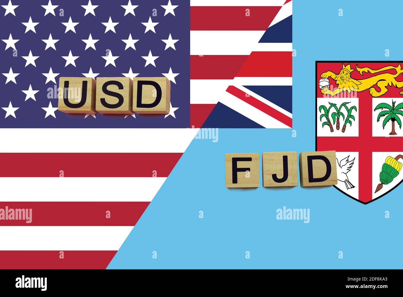 USA and Fiji currencies codes on national flags background. International money transfer concept Stock Photo