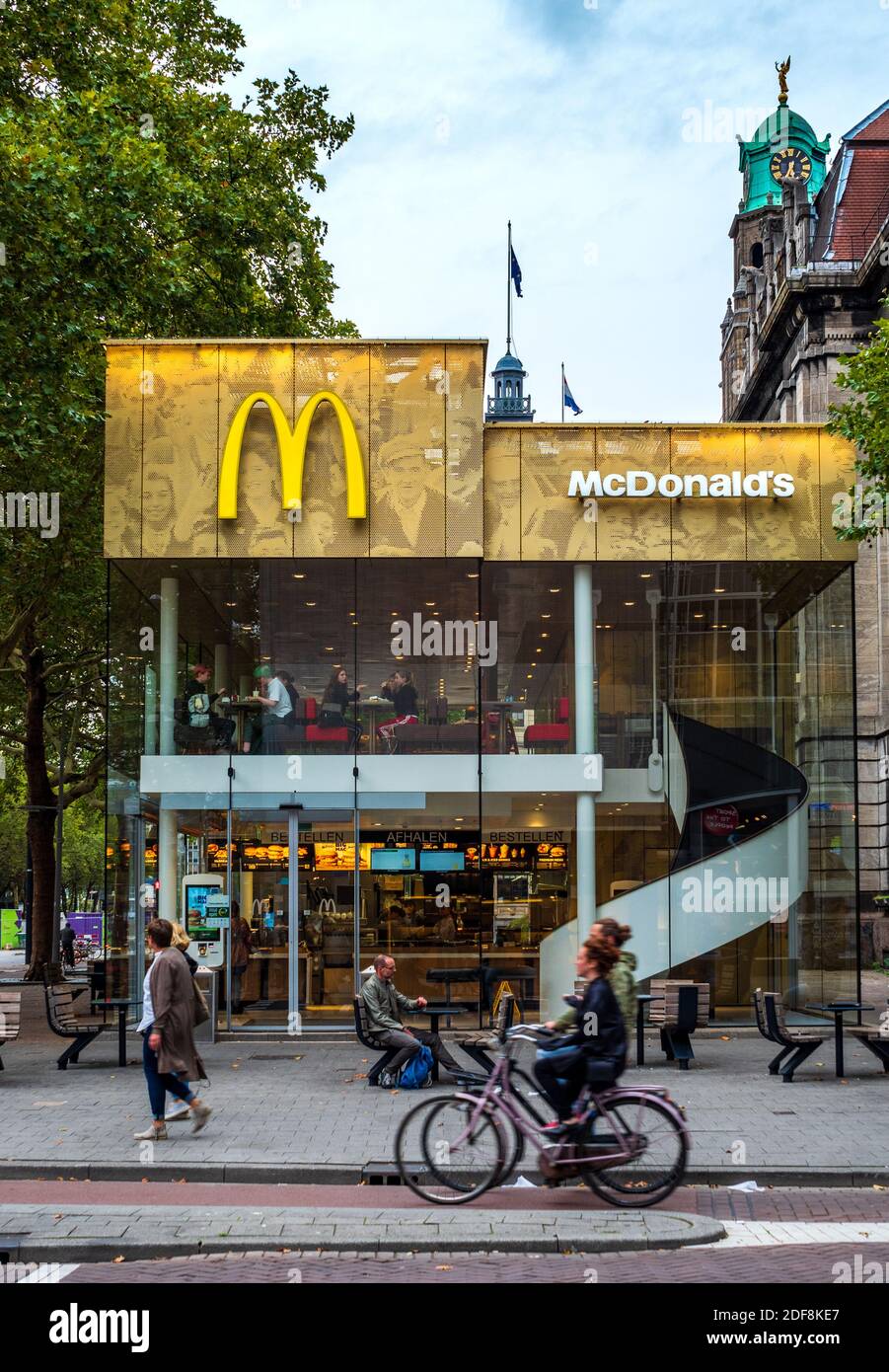 Golden McDonald’s pavilion in Rotterdam on Coolsingel, designed by Mei architects and planners, opened 2015 Stock Photo