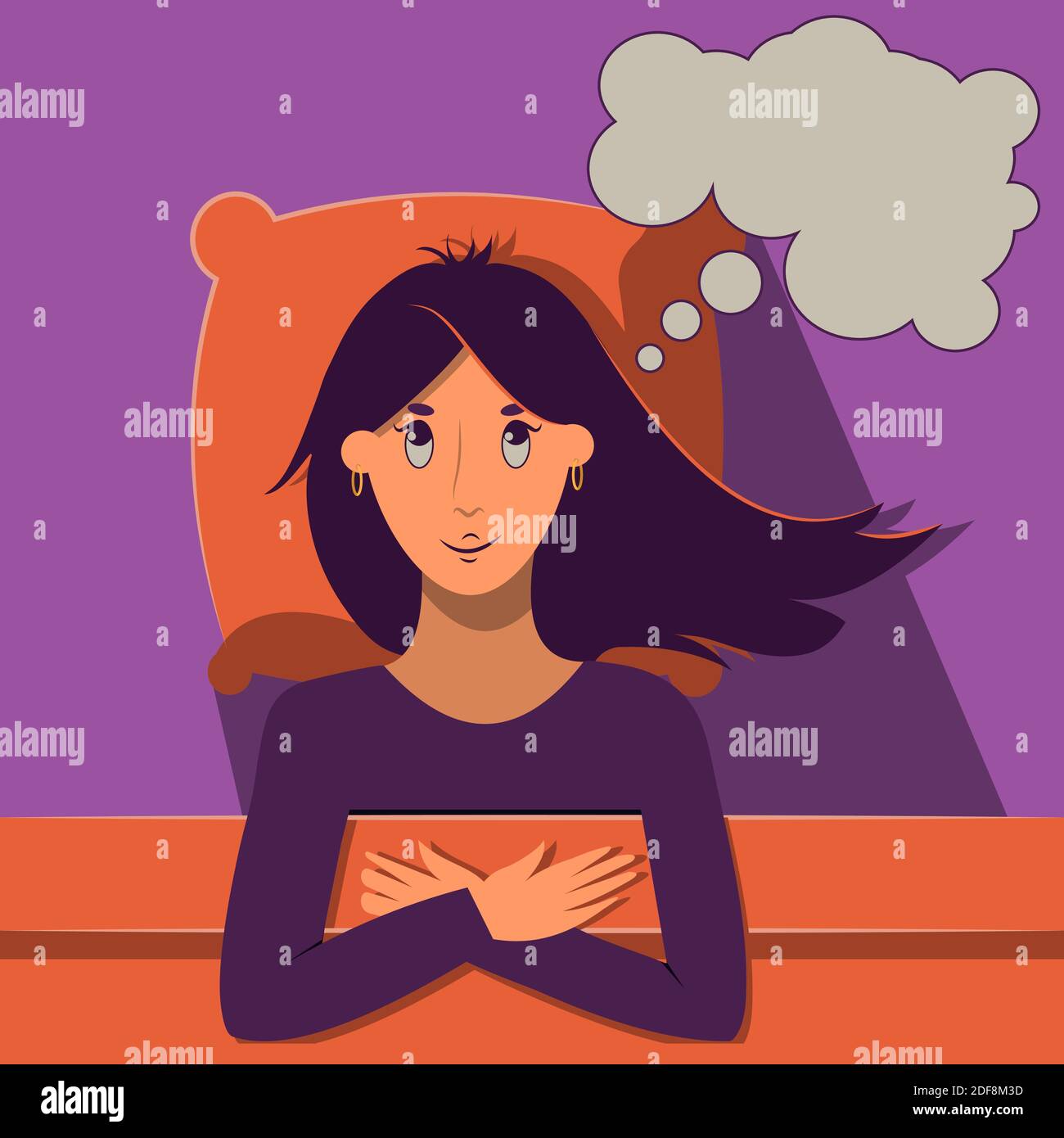 Young happy girl dreaming in bed. Thinking bubble, pillow, blanket. Ready to fall asleep. Flat cartoon vector illustration for sleeping accessories advertising, health care daily routine banner. Vector illustration Stock Vector