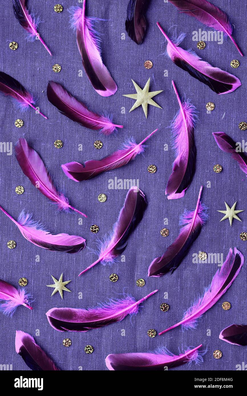 Scattered pink purple feathers. Canvas linen background with the