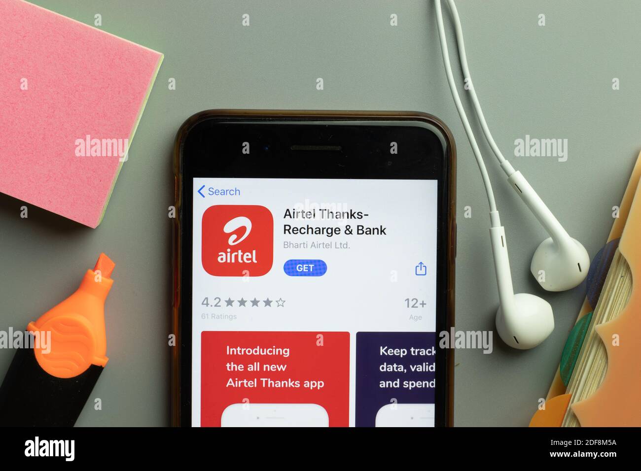 New York, USA - 1 December 2020: Airtel Thanks mobile app icon on phone screen top view, Illustrative Editorial. Stock Photo