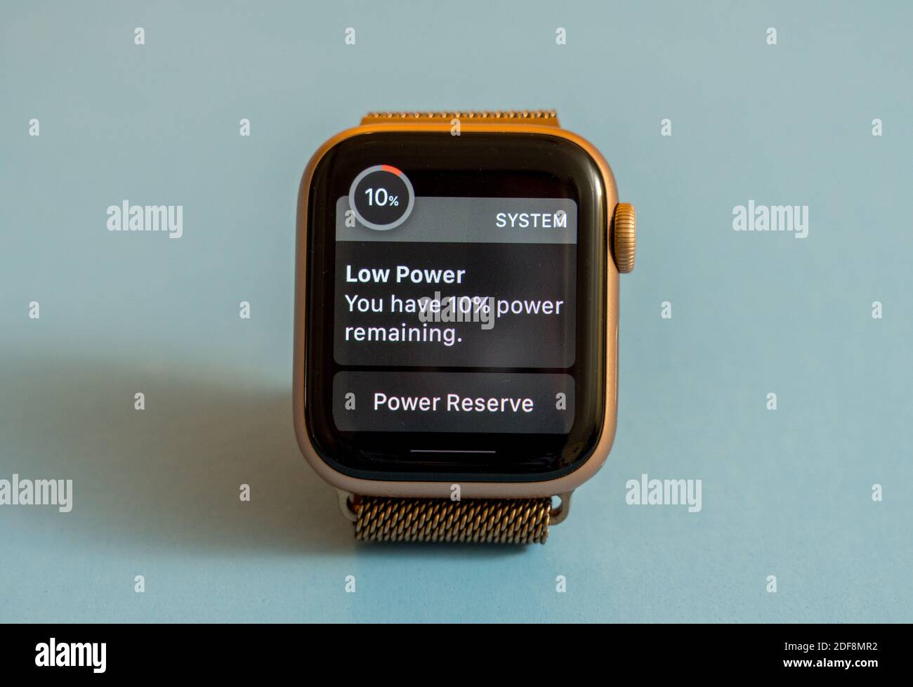 Morgantown, WV - 3 December 2020: Apple watch series six showing system alert about low power warning due to short battery life Stock Photo