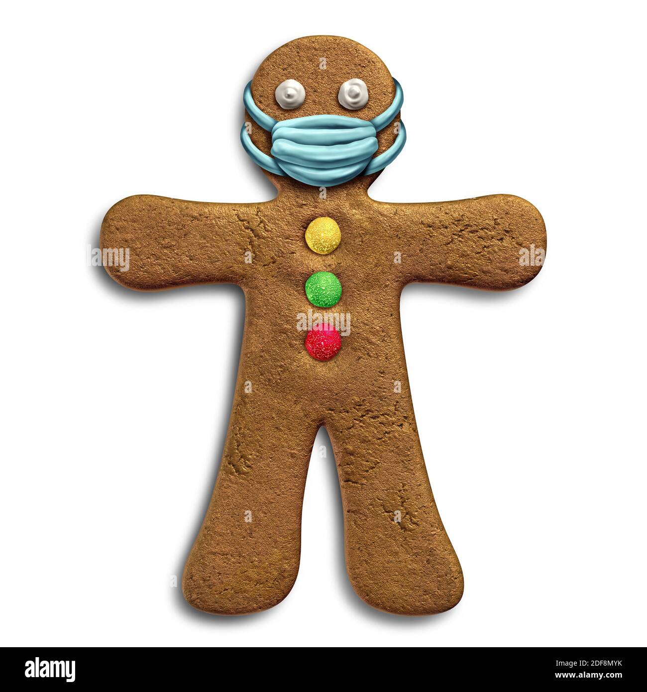 Gingerbread man with a face mask concept as a Christmas holiday season symbol for health and healthcare disease prevention and preventing a virus. Stock Photo