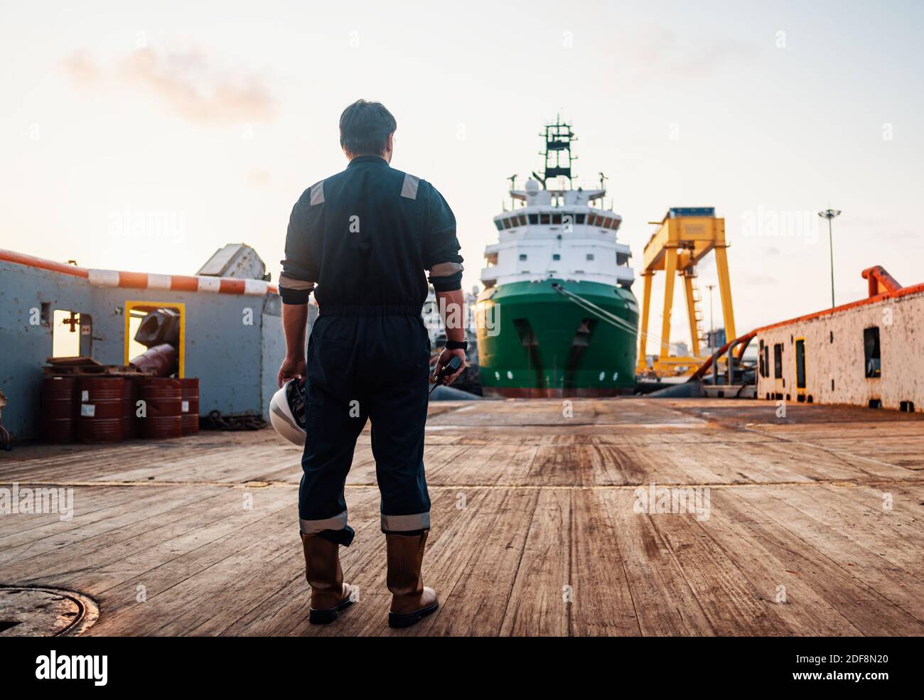 Marine Deck Officer or Chief mate on deck of offshore vessel or ship Stock Photo