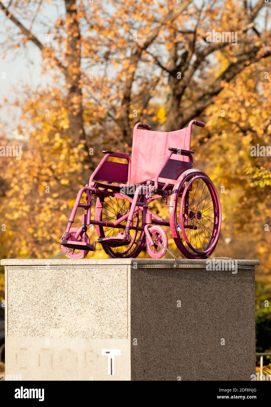 Sofia Bulgaria pink wheelchair monument at the National Stadium as symbol of equality in sports Stock Photo
