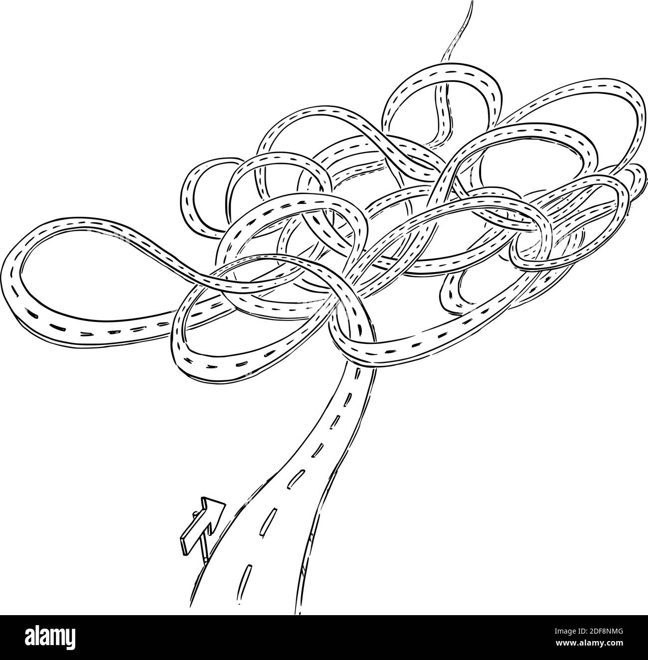 Complicated long path. Chaotic or messy road to future, career or success. Vector cartoon illustration. Overcoming obstacle in way. Stock Vector