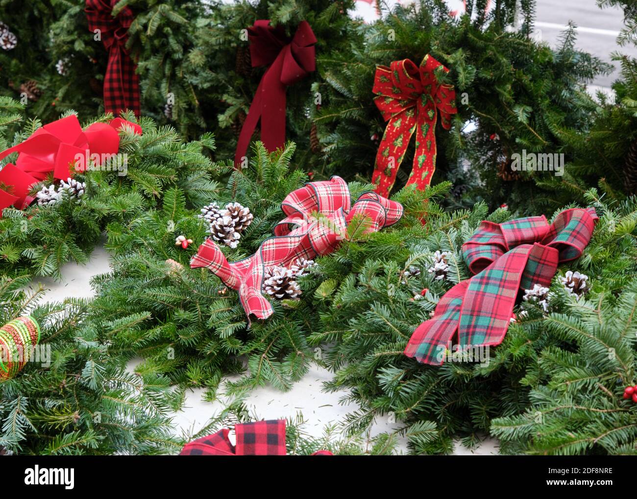 Christmas wreaths on display for sale at Byward Market in Ottawa Stock