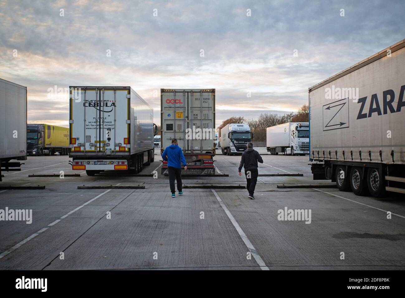 GREAT BRITAIN / KENT /Maidstone  /Two HGV driver from Spain delivering  vegetable from Spain at Channel Ports  Truck stop . Commercial lorry parking . Stock Photo