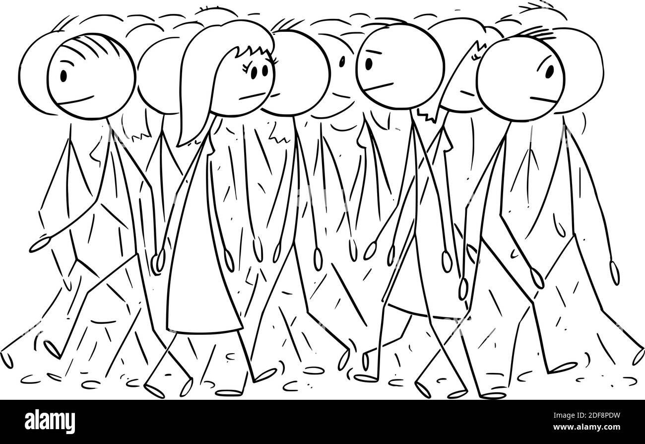 Vector cartoon stick figure illustration of anonymous group or crowd of people walking on street, pedestrians on walkway. Stock Vector