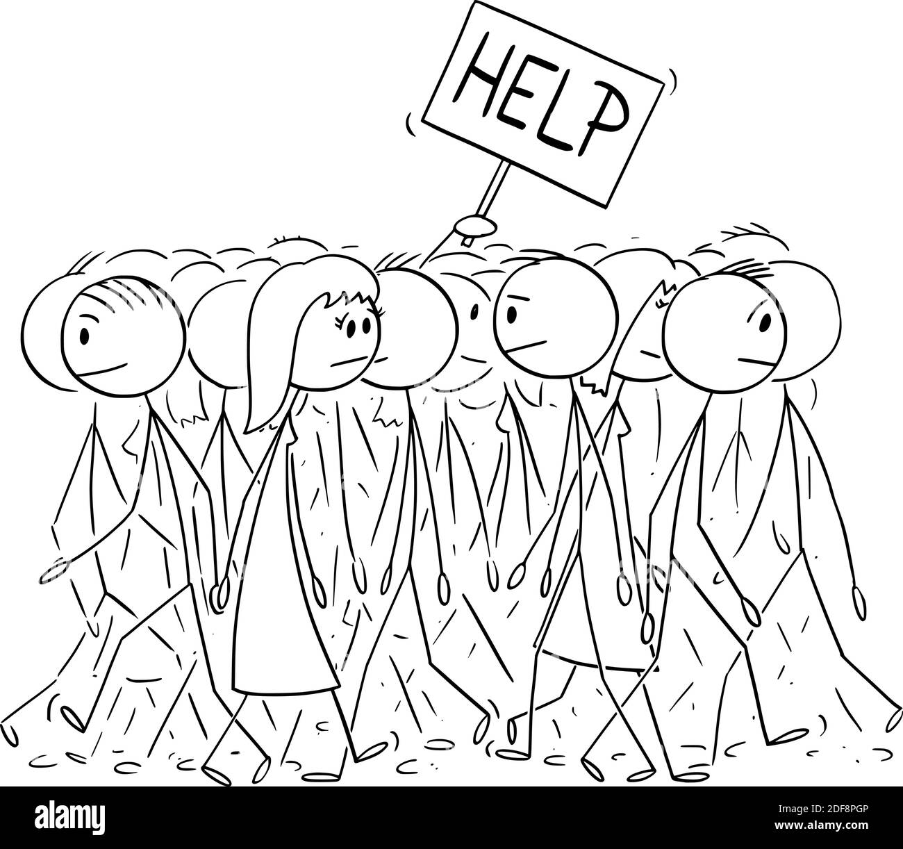 Vector cartoon stick figure illustration of anonymous crowd of people walking on street, hand sticking out with help sign.Concept of loneliness and individuality. Stock Vector