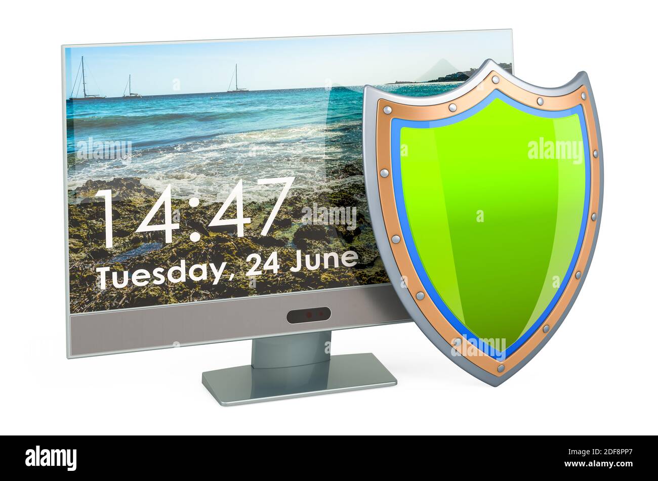 Computer monitor with shield, 3D rendering isolated on white background ...