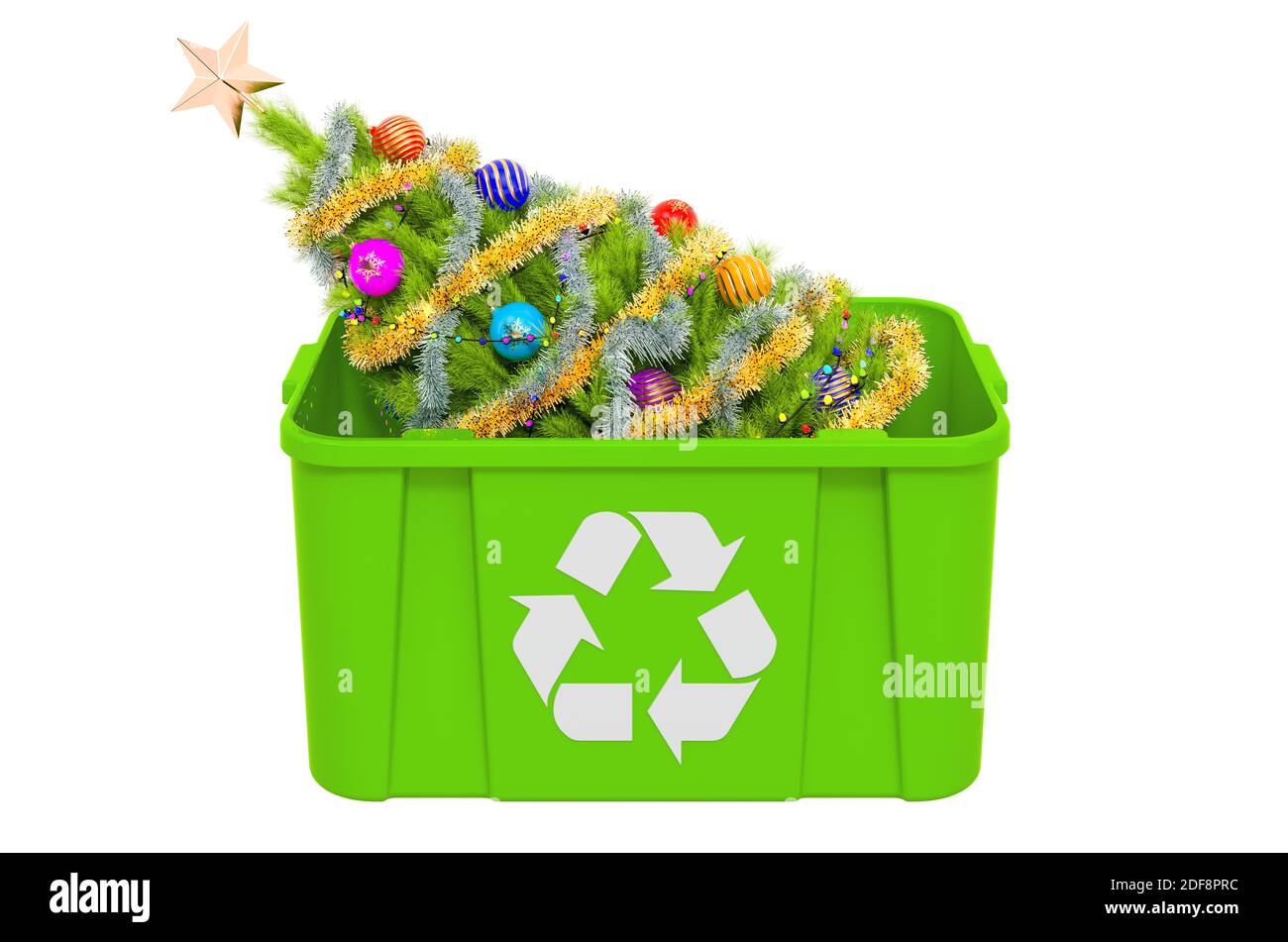 Recycling trashcan with Christmas Tree. Recycle Christmas Tree concept