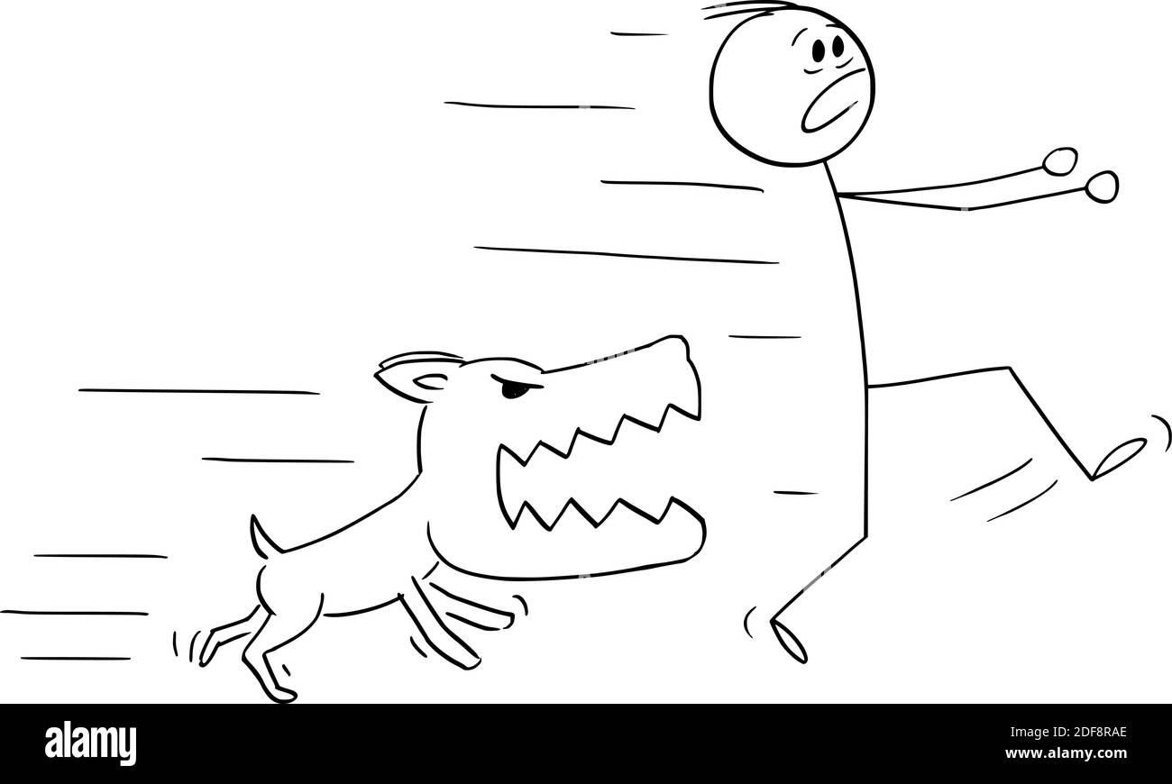 Vector cartoon stick figure illustration of angry dog chasing running man. Stock Vector