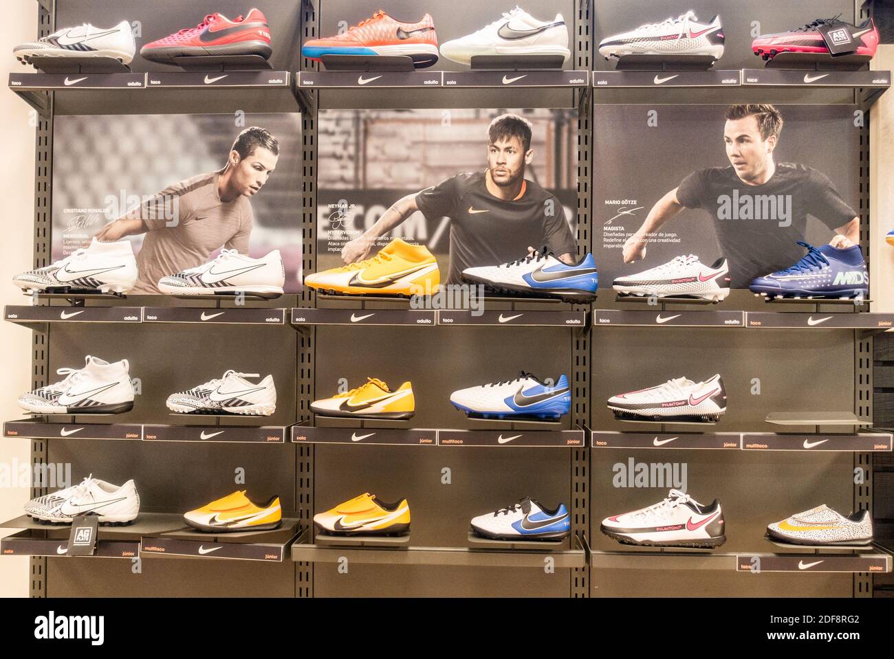 Nike football boots store display; Ronaldo, Neymar and Mario Gotze Stock Photo