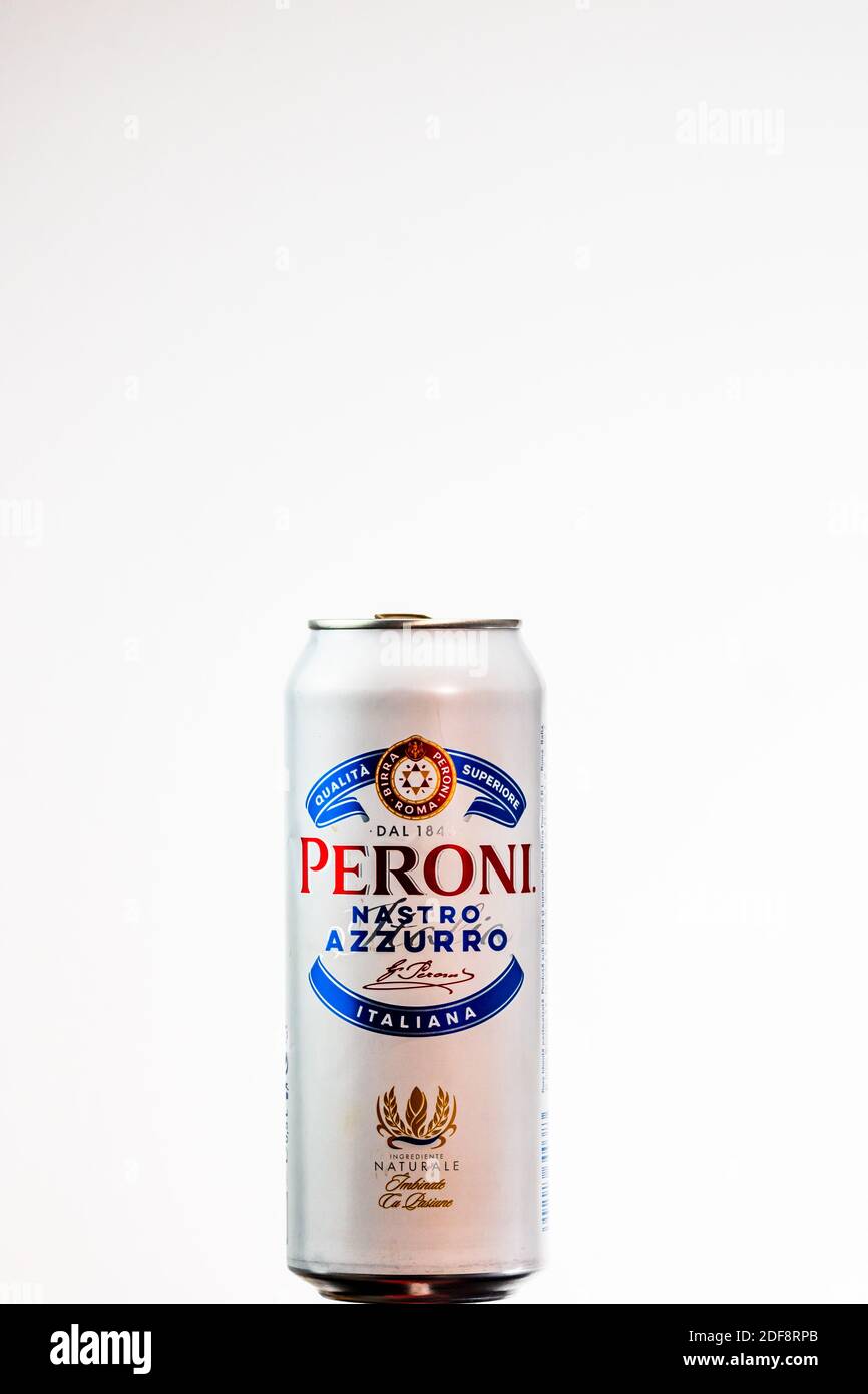 Peroni Nastro Azzurro, a premium lager beer produced since 1963 by Peroni Brewery located in Rome, Italy. Studio photo shoot in Bucharest, Romania, 20 Stock Photo