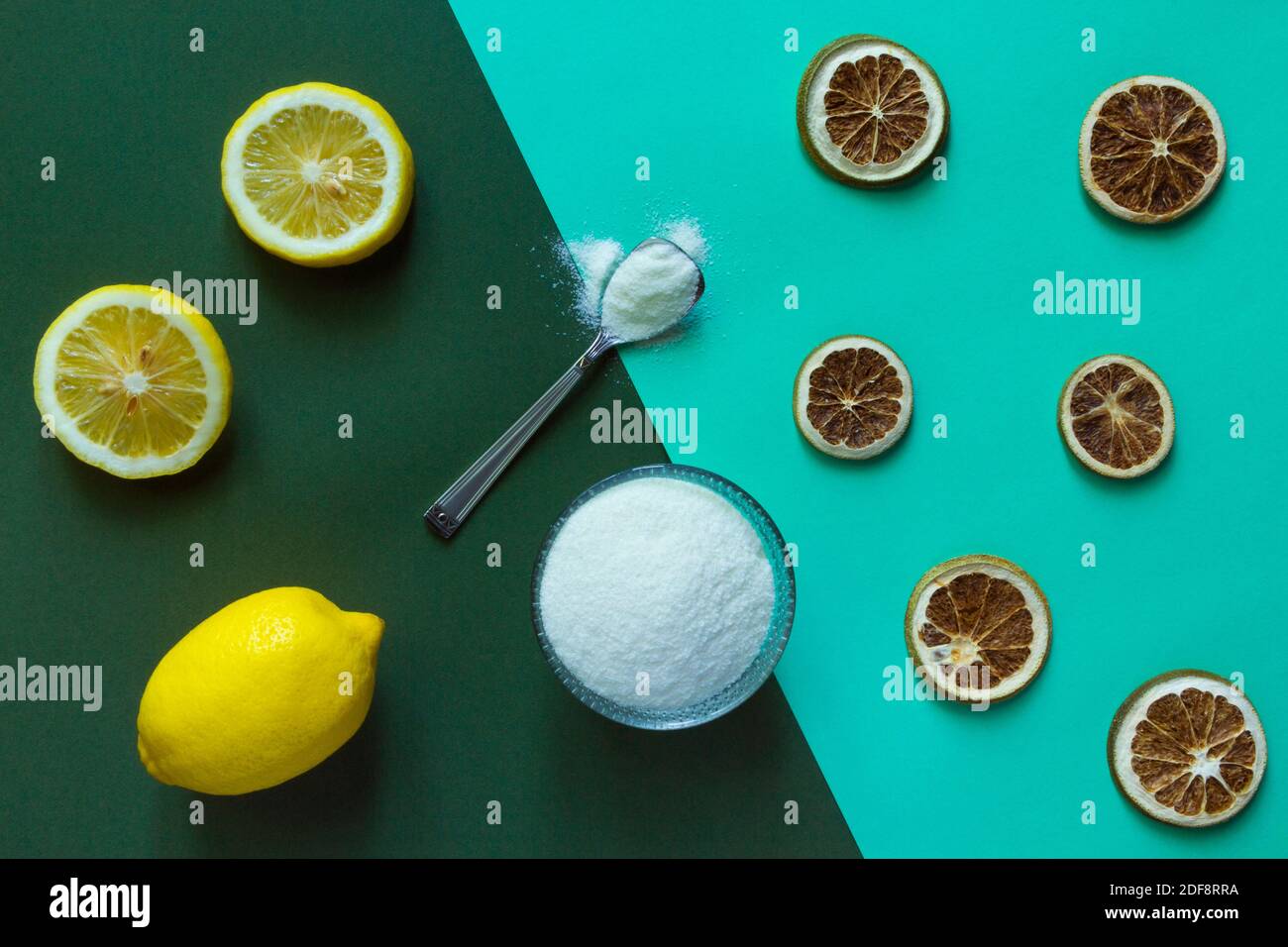 Collagen protein powder in jar, spoon and lemons. anti age concept Stock Photo