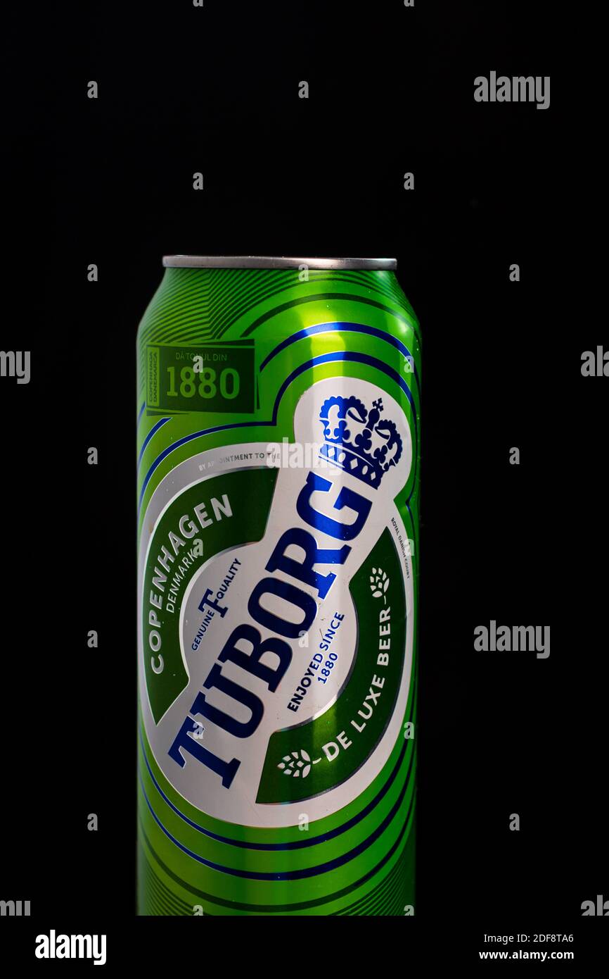 Tuborg beer can isolated on black background. Bucharest, Romania, 2020 Stock Photo