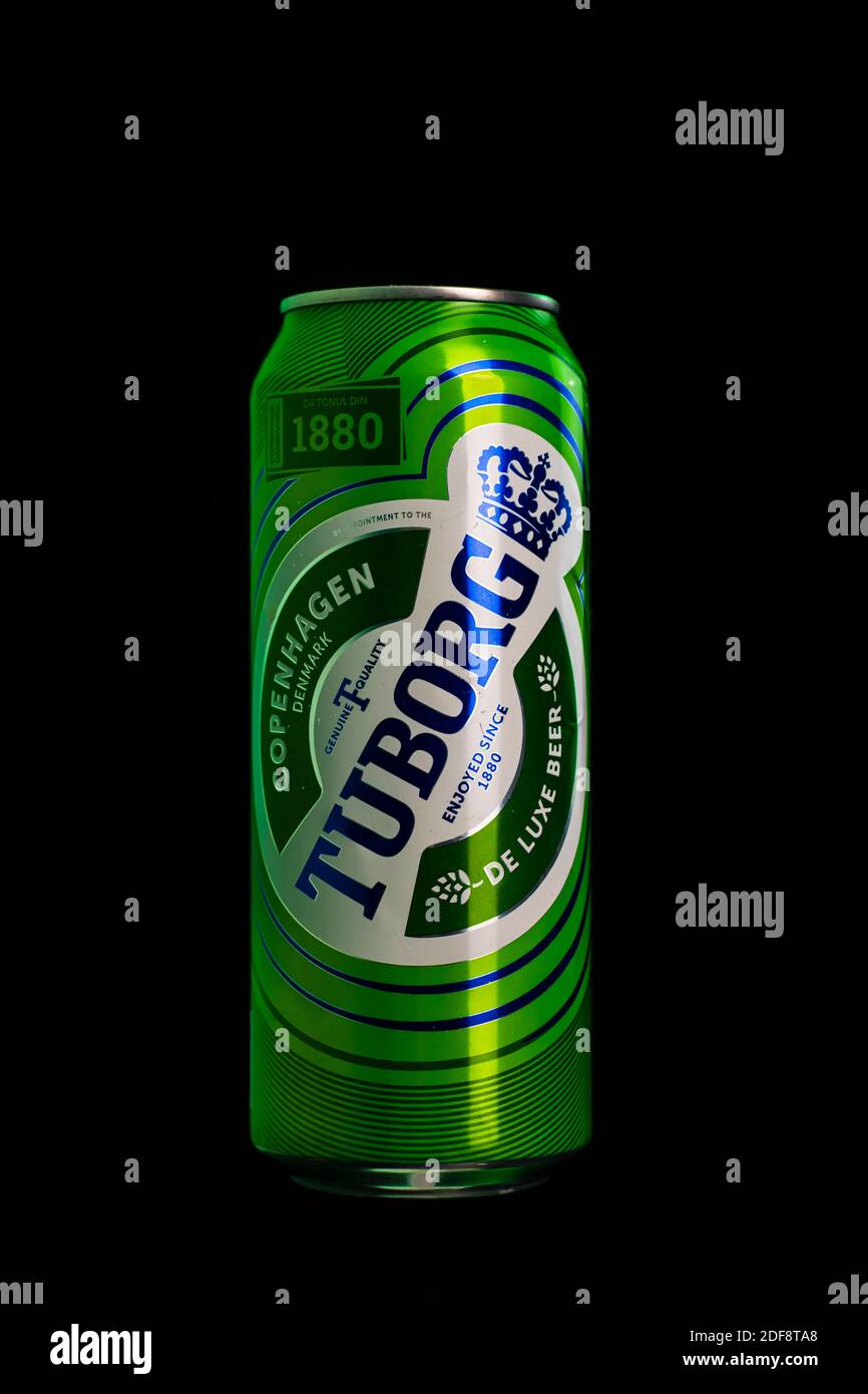 Tuborg beer can isolated on black background. Bucharest, Romania, 2020 Stock Photo