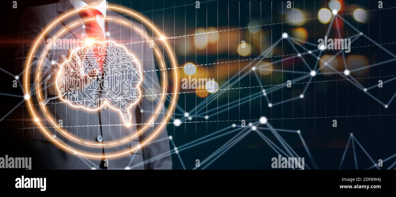 Businessman using digital artificial intelligence icon hologram. 3D rendering Stock Photo
