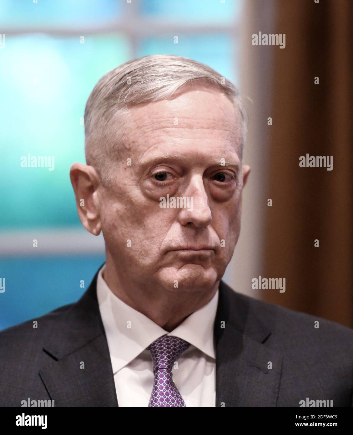 Defense Secretary Jim Mattis participates in a briefing with President Trump and Senior Military leaders in the Cabinet Room of the White House October 5, 2017 in Washington D.C. . Photo by Olivier Douliery/ Abaca Press Stock Photo