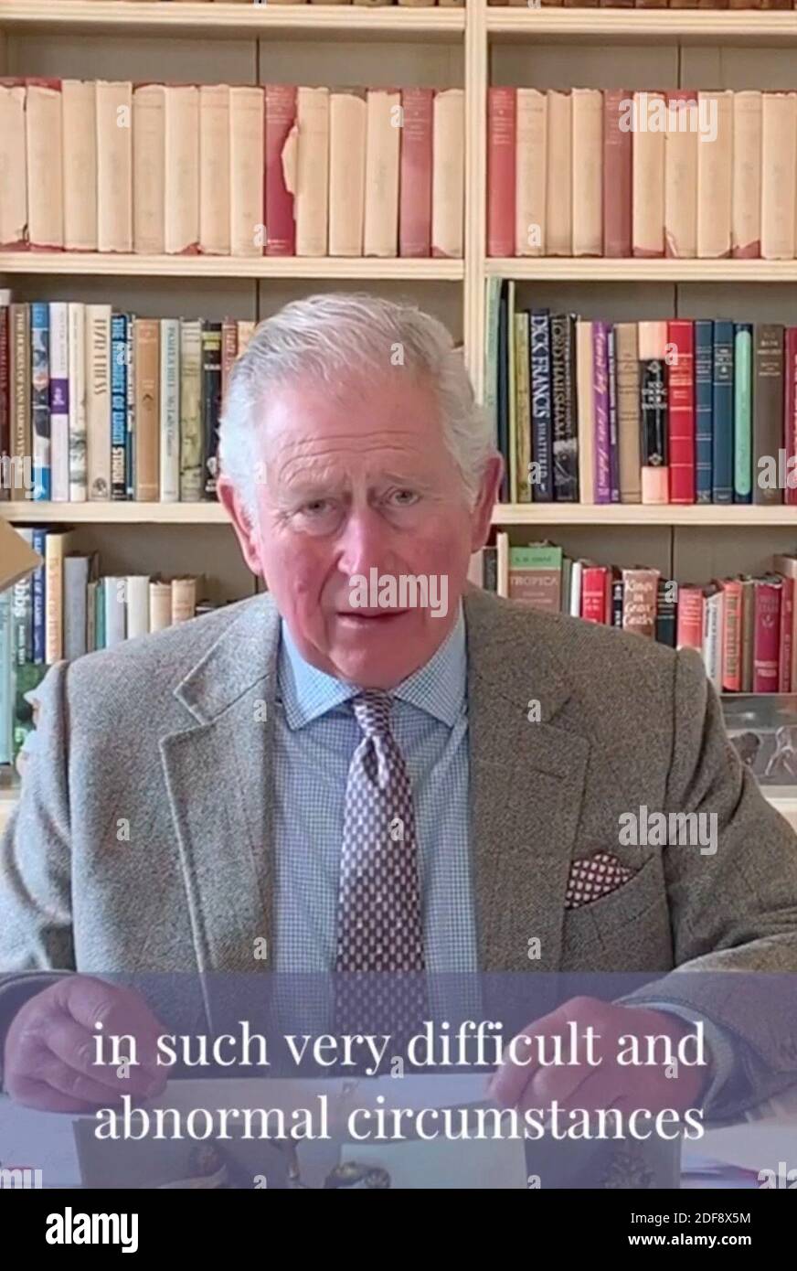 Screen grab from Clarence House Twitter account. Prince Charles is finally out of self-isolation after contracting COVID-19. On Tuesday March 31, 2020, he addressed the nation and opened up about the novel coronavirus pandemic through a video that he recorded at his Scotland home where he is residing with his wife Camilla, Duchess of Cornwall. Prince of Wales shared the video on his official Twitter account Clarence House. In the video, the prince talked about coronavirus pandemic and its impact on elders. In his message, he even announced that he is feeling much better after suffering from mi Stock Photo