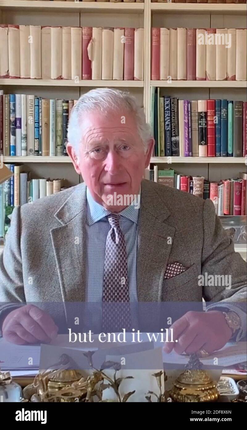 Screen grab from Clarence House Twitter account. Prince Charles is finally out of self-isolation after contracting COVID-19. On Tuesday March 31, 2020, he addressed the nation and opened up about the novel coronavirus pandemic through a video that he recorded at his Scotland home where he is residing with his wife Camilla, Duchess of Cornwall. Prince of Wales shared the video on his official Twitter account Clarence House. In the video, the prince talked about coronavirus pandemic and its impact on elders. In his message, he even announced that he is feeling much better after suffering from mi Stock Photo