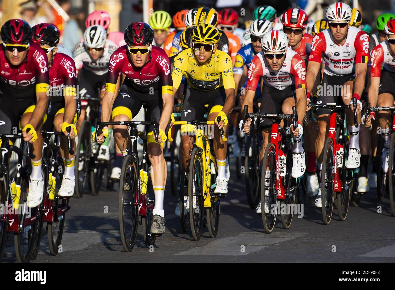 File Photo Dated July 28 2019 Of Colombia S Egan Bernal Wearing The Overall Leader S Yellow Jersey And Netherlands Steven Kruijswijk Ride During The 21st And Last Stage Of The 106th Edition Of