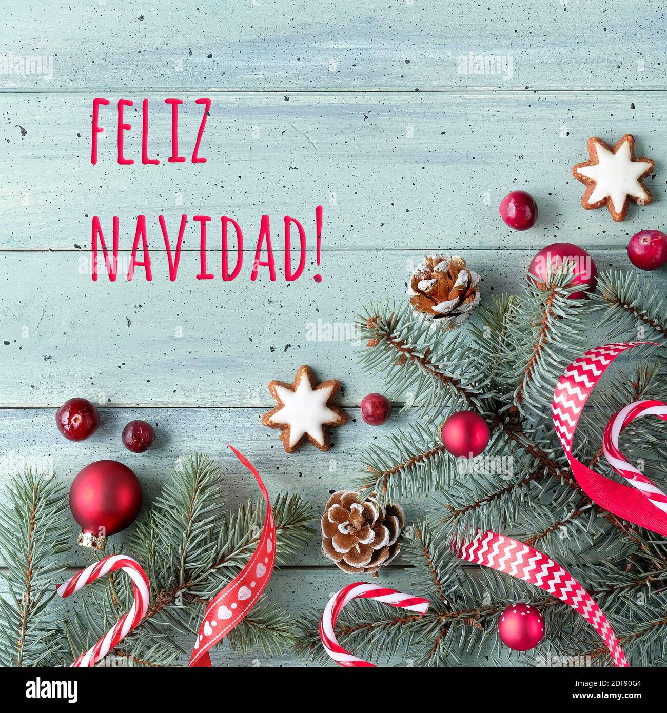 Catástrofe Pef personal Text Feliz Navidad means Merry Christmas in Spanish. Low impact natural  green red Christmas decor Stock Photo - Alamy