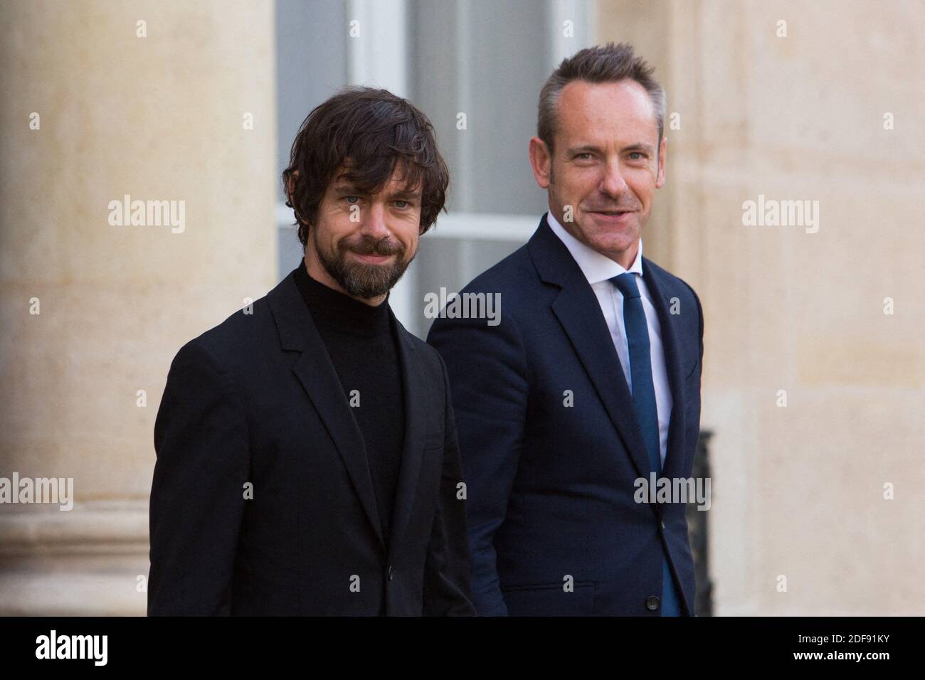 File photo dated June 7, 2019 of Creator and general director of Twitter  CEO Jack Dorsey and Damien Viel general director of Twitter France leave  after a meeting at the Elysee Palace