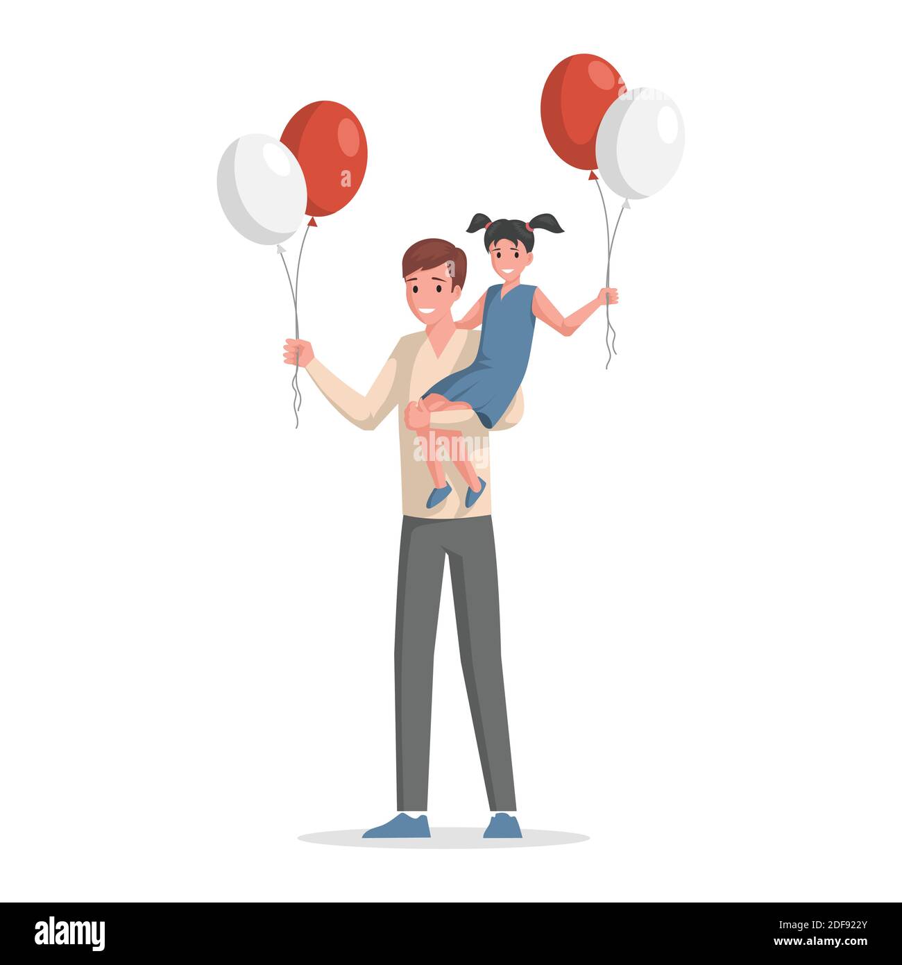 Happy smiling father and girl in casual clothes holding red and white air balloons vector flat illustration isolated on white background. Young dad and her daughter standing together. Stock Vector