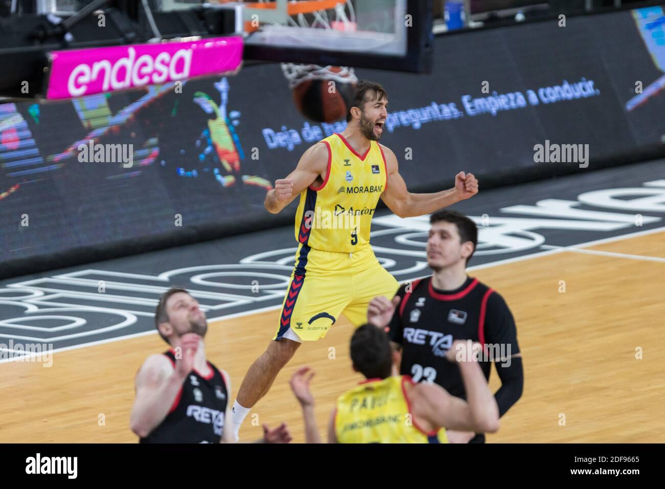 Bilbao, Basque Country, SPAIN. 3rd Dec, 2020. NACHO LLOVET (9) celebrates a basket during the Liga ACB game postponed from week 8, between Bilbao Basket and Andorra at Miribilla Bilbao Arena. Credit: Edu Del Fresno/ZUMA Wire/Alamy Live News Stock Photo