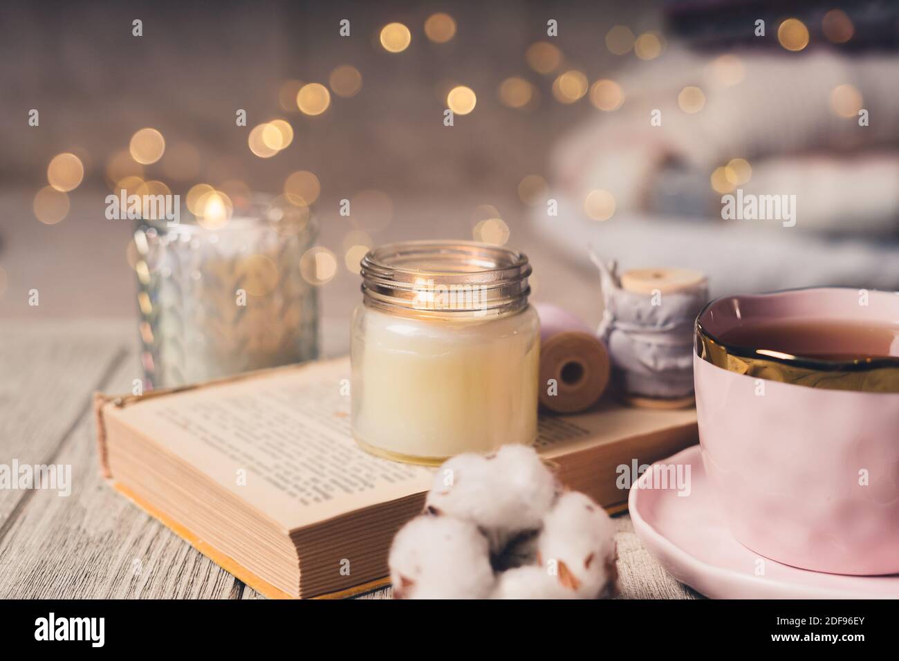 Cup of Tea, Cotton, Cozy, Book, Candle. Cosy Autumn Winter Concept