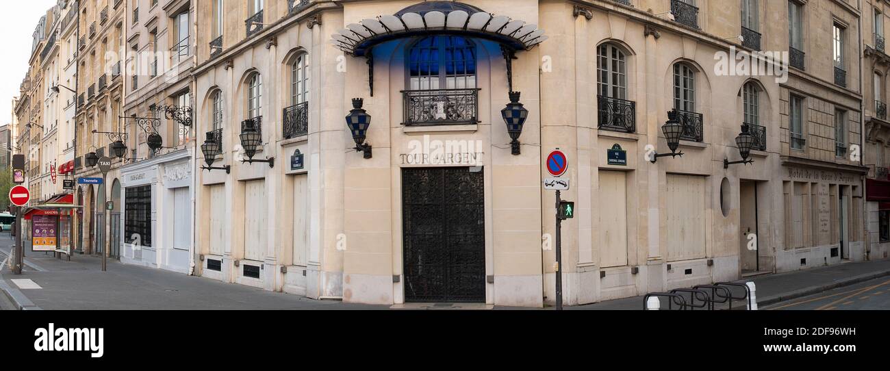 View of a famous Tour d'Argent restaurant closed on Quai de la Tournelle after gourvernement measure due to the coronavirus (Covid-19) pandemic in Paris, on April 12, 2020 in Paris, France. Photo by David NIVIERE/ABACAPRESS.COM Stock Photo