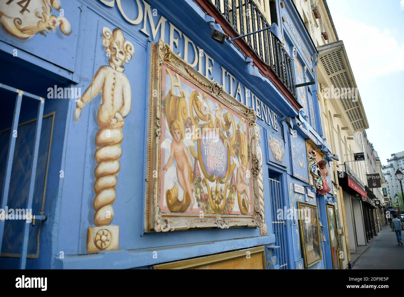 An outside view of the Comedie Italienne playhouse in Paris, France on April 24, 2020. Amid signs of a slowing in the spread of the covid-19 pandemic, the French government is looking to ease nationwide lockdown on May 11, in the hopes of injecting life into the crumbling economy while ensuring people' safety. According to government's guiding policy, cafes, restaurants, cinemas and theatres would remain closed, and festivals would be postponed until mid-July. Photo by Karim Ait Adjedjou/Avenir Pictures/ABACAPRESS.COM Stock Photo