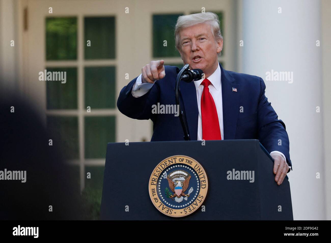 U.S. President Donald Trump speaks at a news conference in the Rose ...