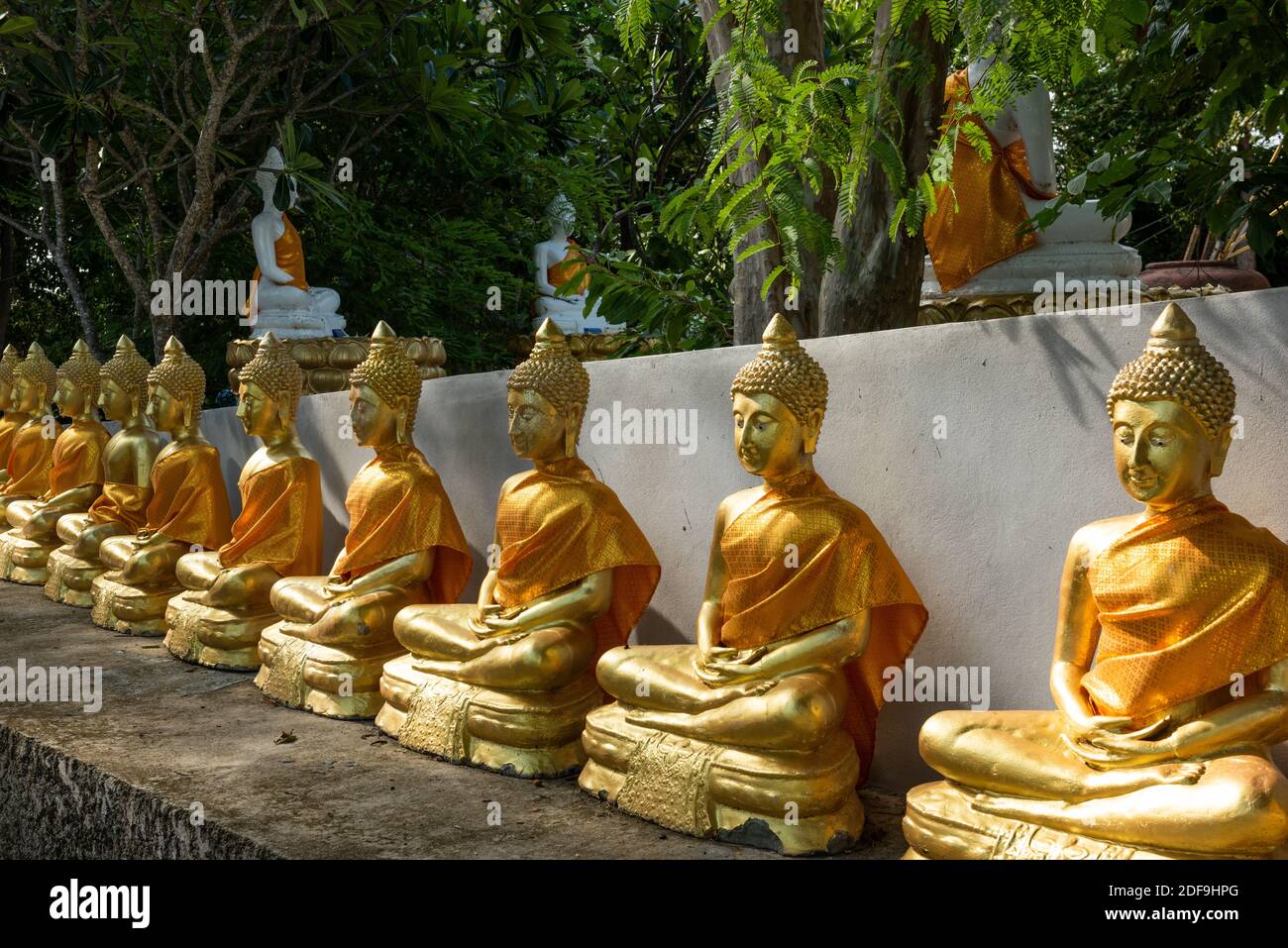 Golden Buddha statues in thai temple Stock Photo - Alamy