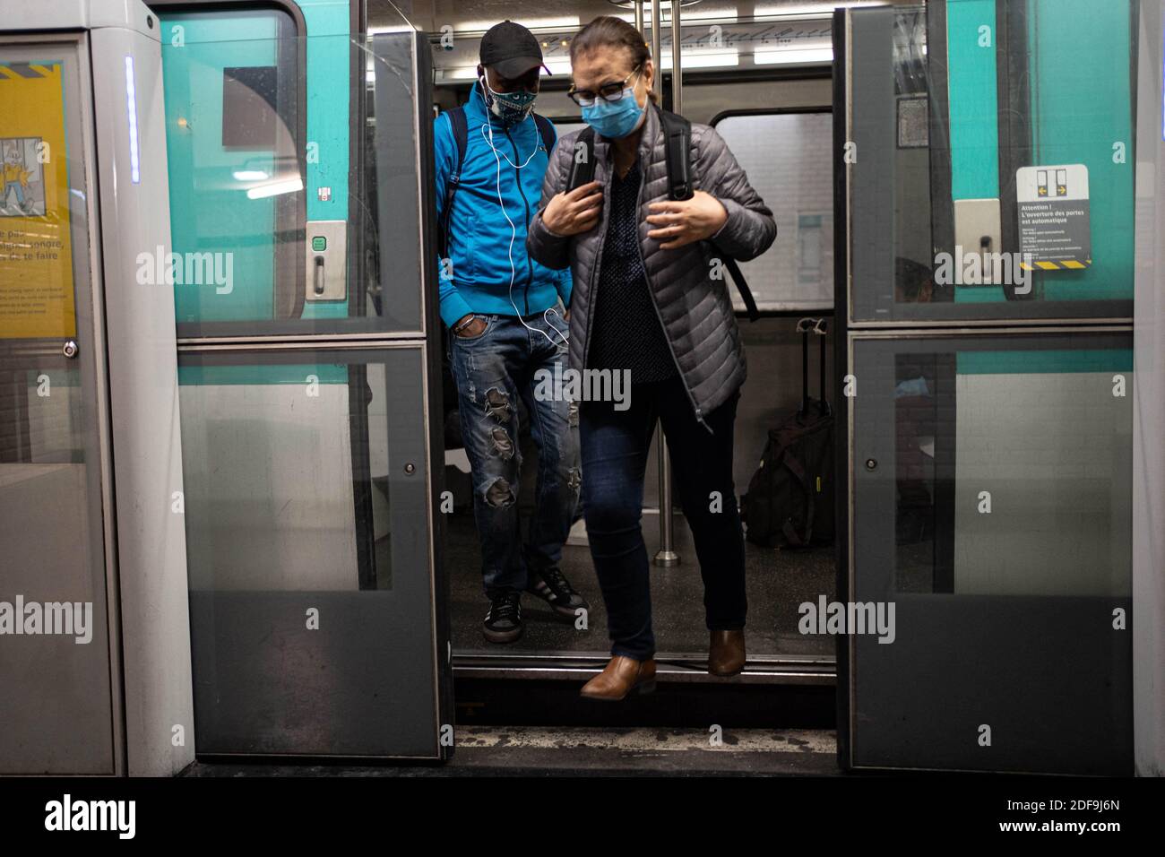 People take the line 13 of the Paris metro subway during the lockdown due to the Coronavirus Covid-19. Paris, France, April 30, 2020. Photo by Florent Bardos/ABACAPRESS.COM Stock Photo