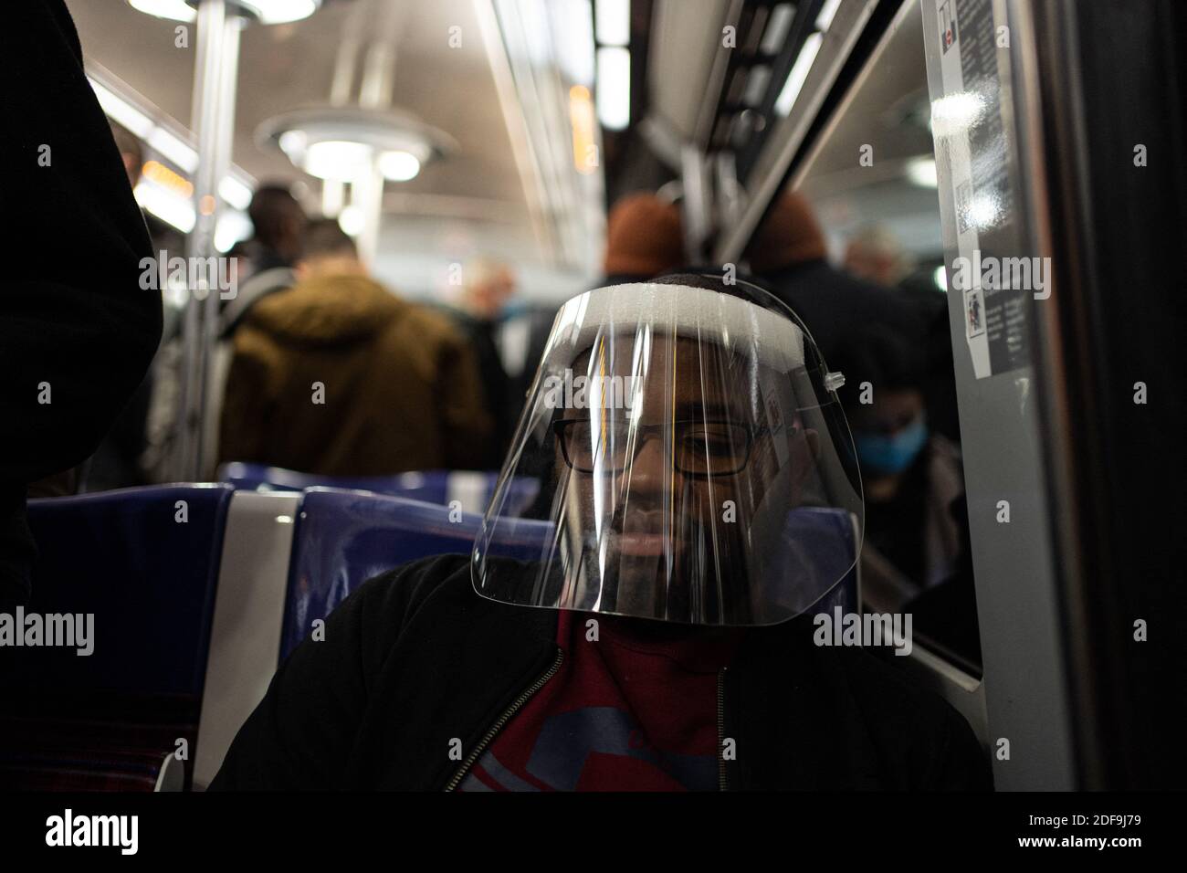 People take the line 13 of the Paris metro subway during the lockdown due to the Coronavirus Covid-19. Paris, France, April 30, 2020. Photo by Florent Bardos/ABACAPRESS.COM Stock Photo