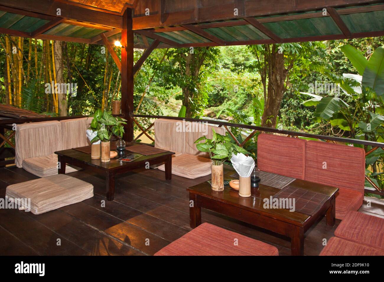 The Bar at OUR JUNGLE HOUSE a lodge in the rainforest near KHAO SOK NATIONAL PARK - SURATHANI PROVENCE, THAILAND Stock Photo
