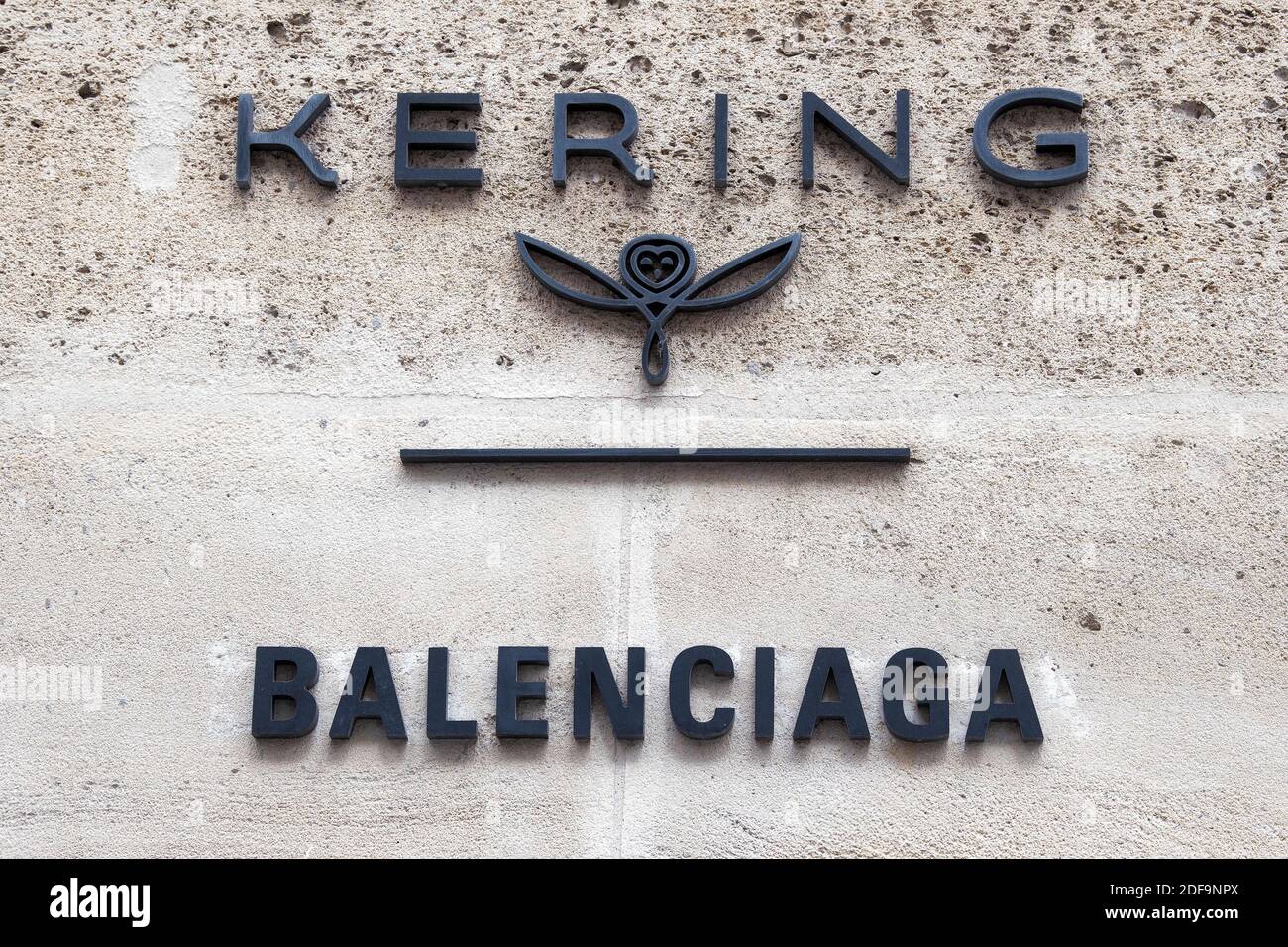 A shop sign of KERING & BALENCIAGA, on May 04, 2020 in Paris, France