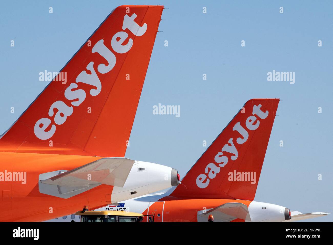 Aircrafts of EasyJet Airlines company are parked on the tarmac at Orly ...