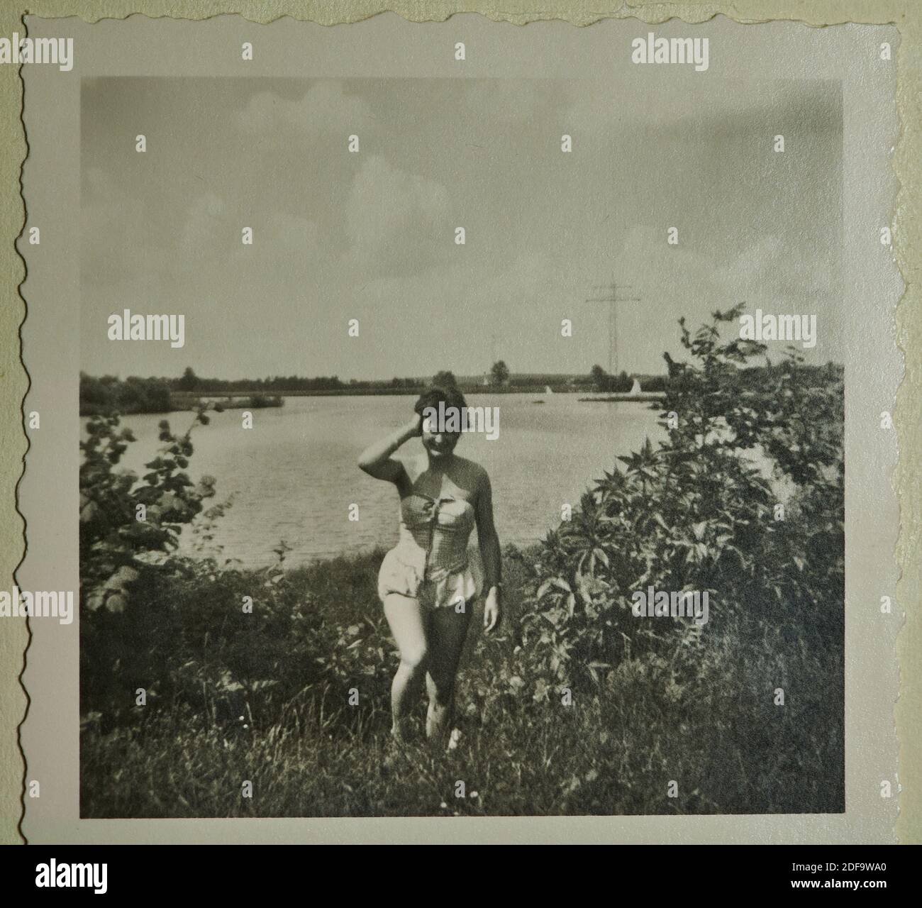 Historical Photo Woman in an old fashioned swimsuit at lake Baerensee, Kaufbeuren, Bavaria