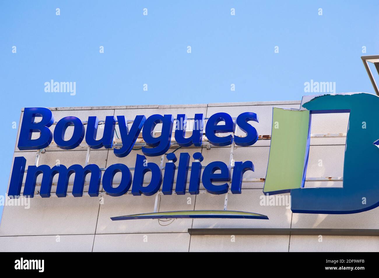 A Logo of Bouygues Immobilier, on May 06, 2020 in Saint-Denis France. Photo by David Niviere/ABACAPRESS.COM Stock Photo