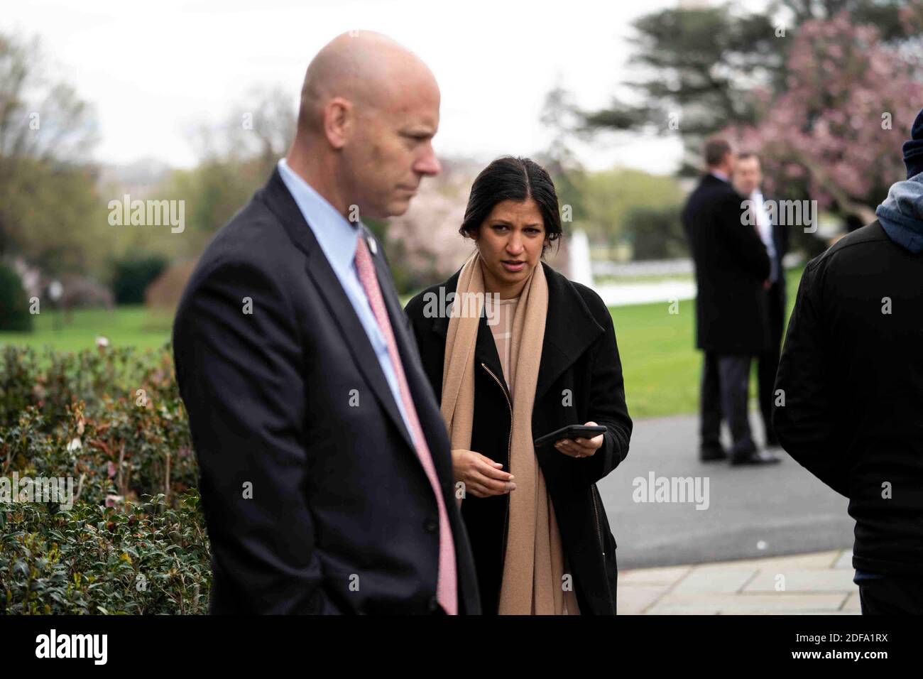 File photo dated March 24, 2020 of Marc Short, Chief of Staff for Vice  President Mike Pence, left, talks with Katie Miller, Vice President Mike  Pence's press secretary at the White House
