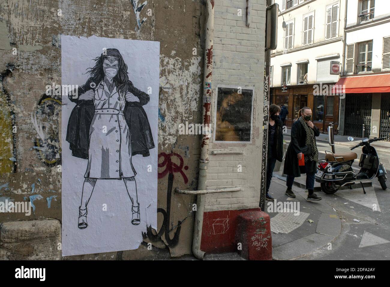 Street art on the theme of Covid19 on the walls of Paris, France on