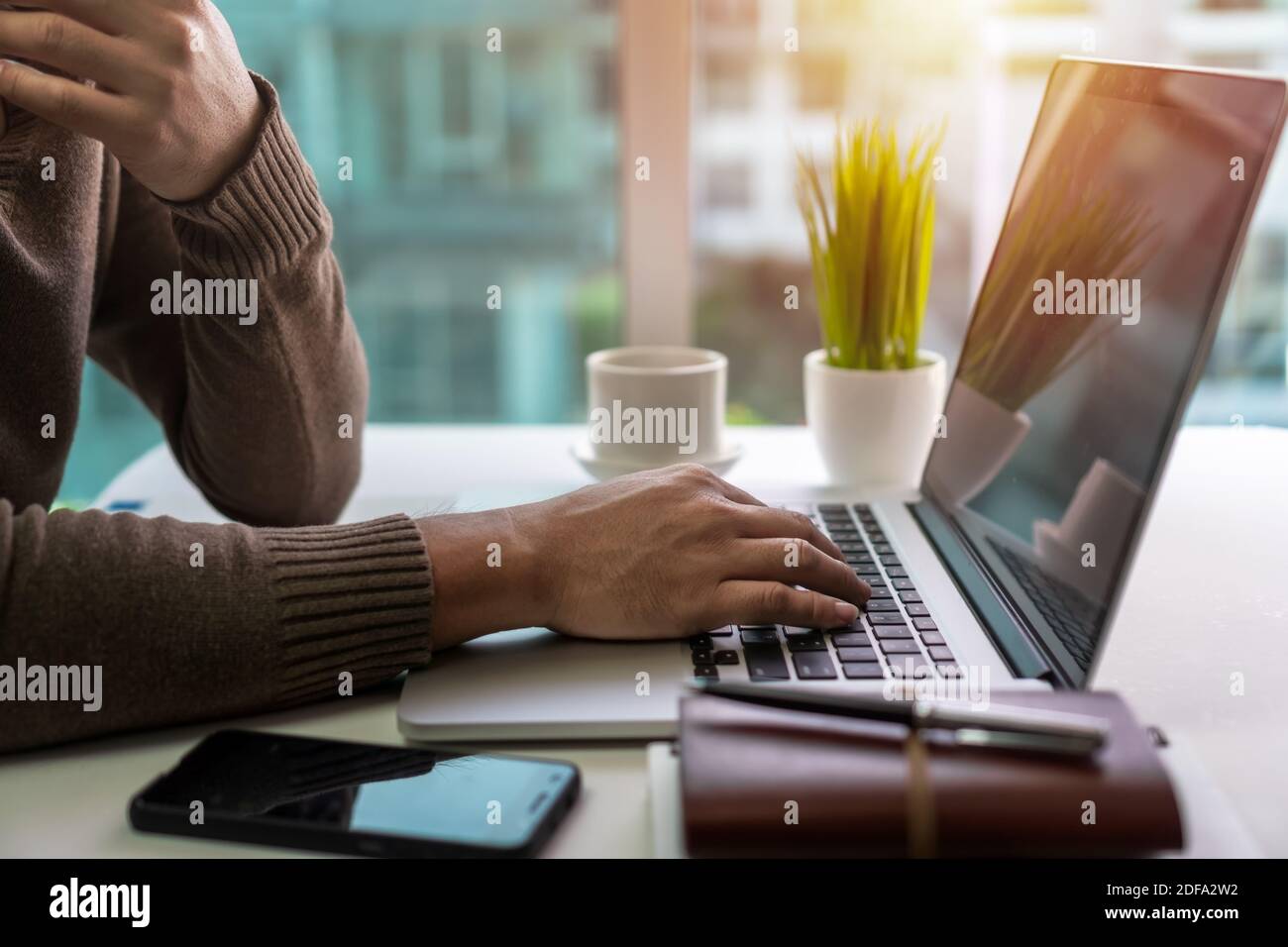 Working with laptop. Freelance lifestyle home office. Stock Photo